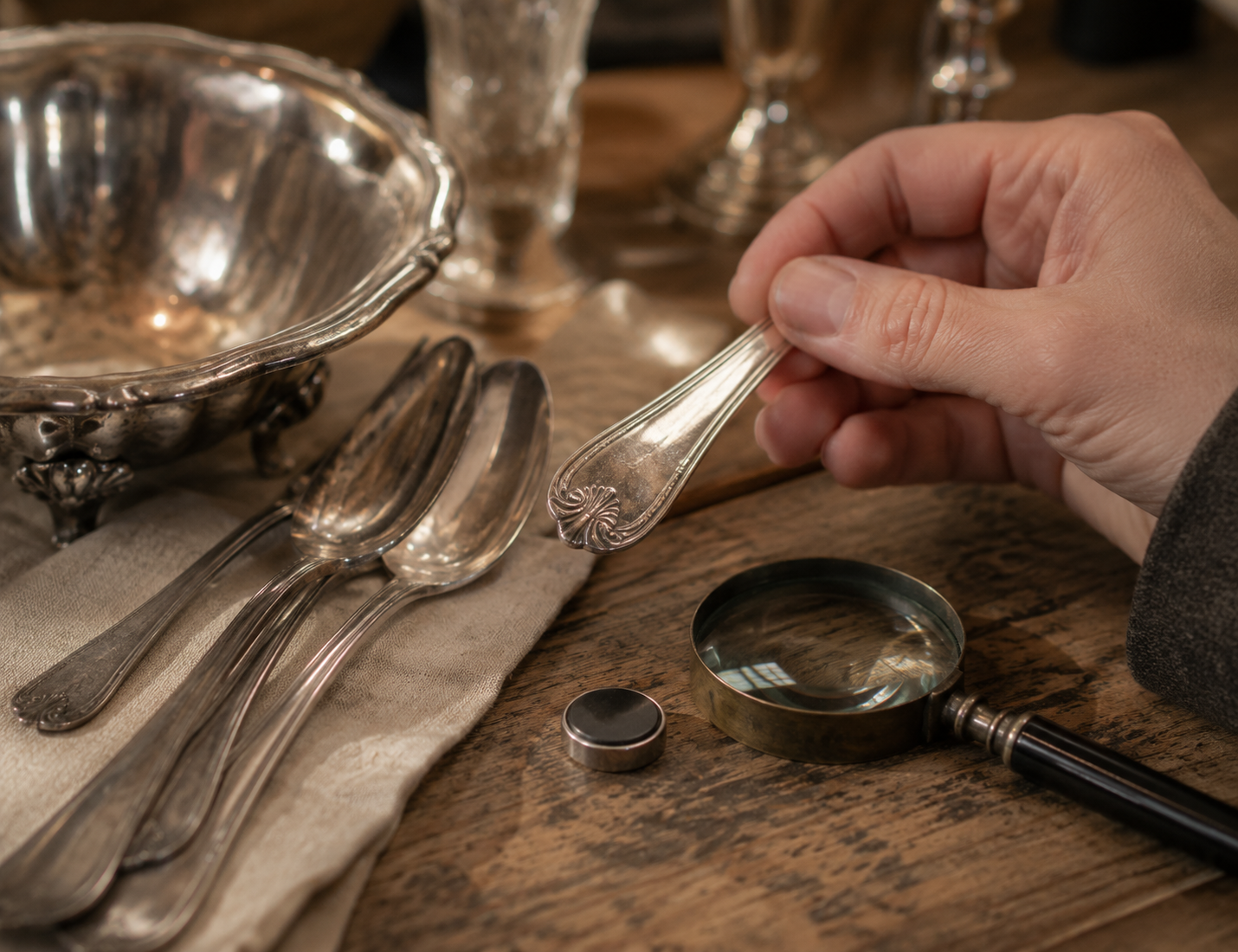 Silver cutlery and small objects on a table