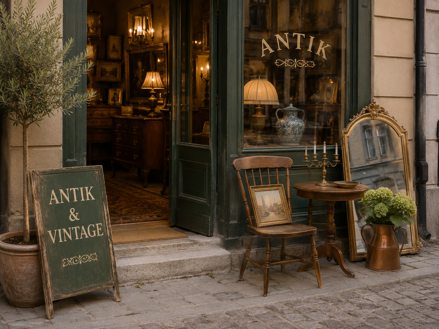 Antique shop with a SHOP sign