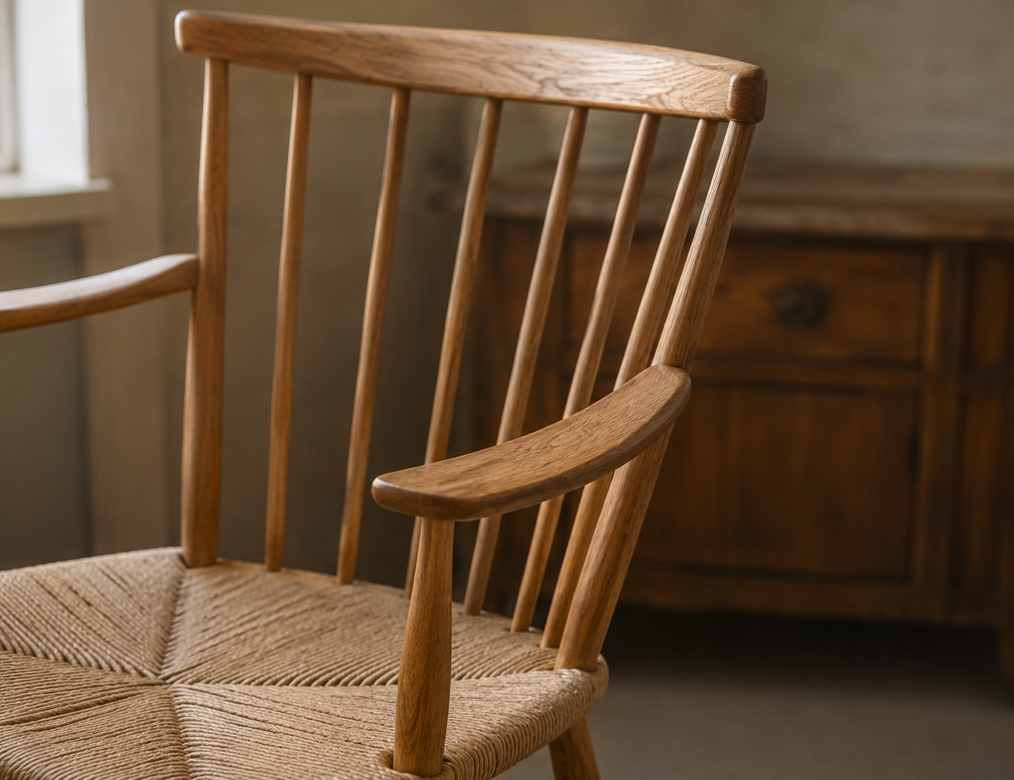 Spindle-back oak chair with a woven paper-cord seat