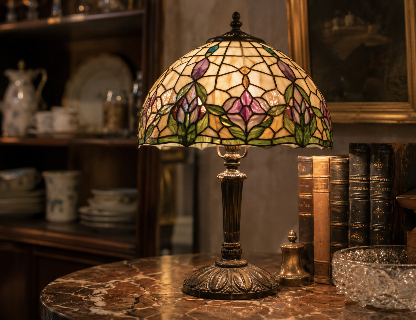 Colourful Tiffany-style glass lamp lit in a dark room