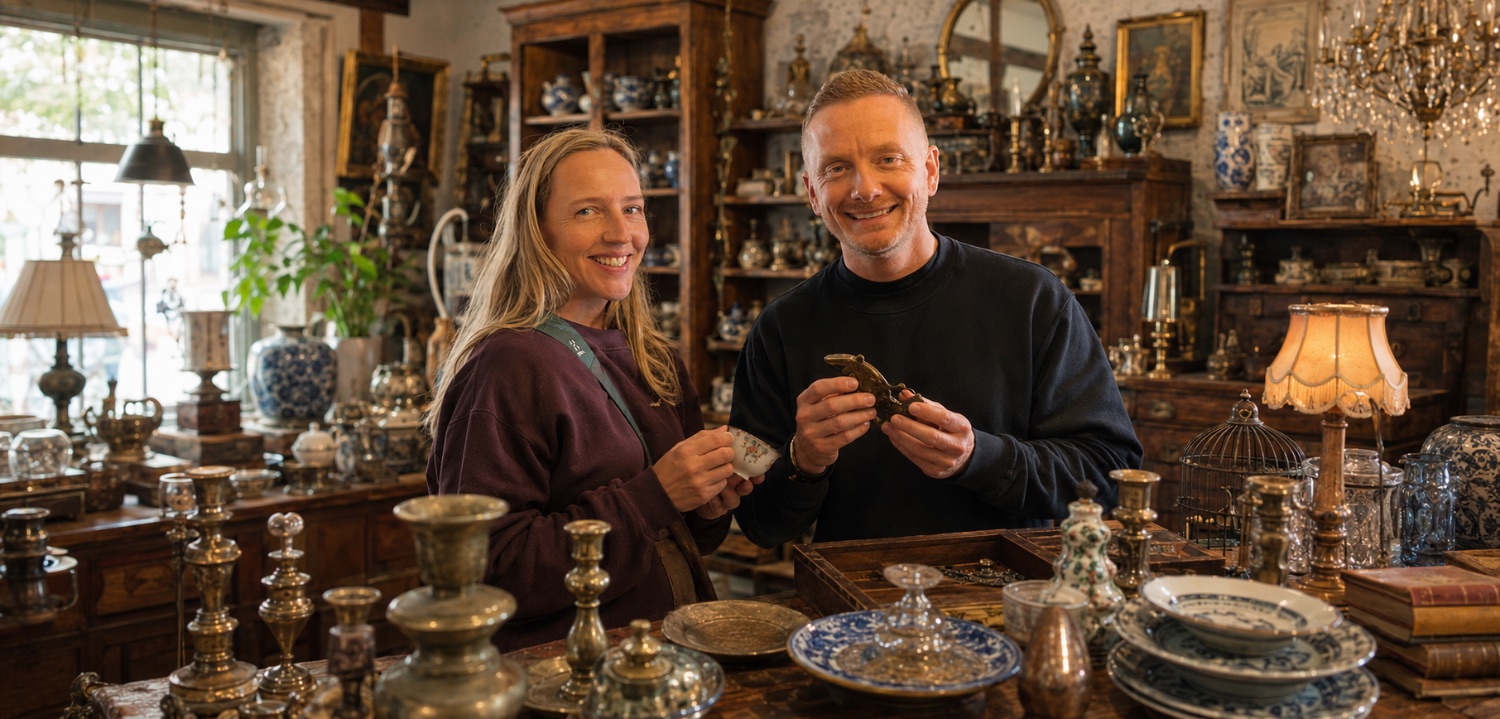 Two people smiling and examining finds in an antique shop full of porcelain, lamps and brass