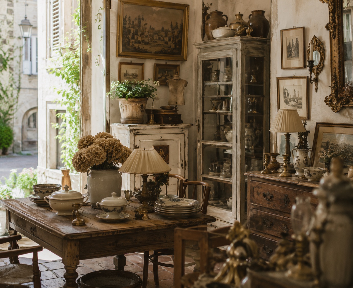 Interior of a French antique shop full of porcelain, mirrors and brass